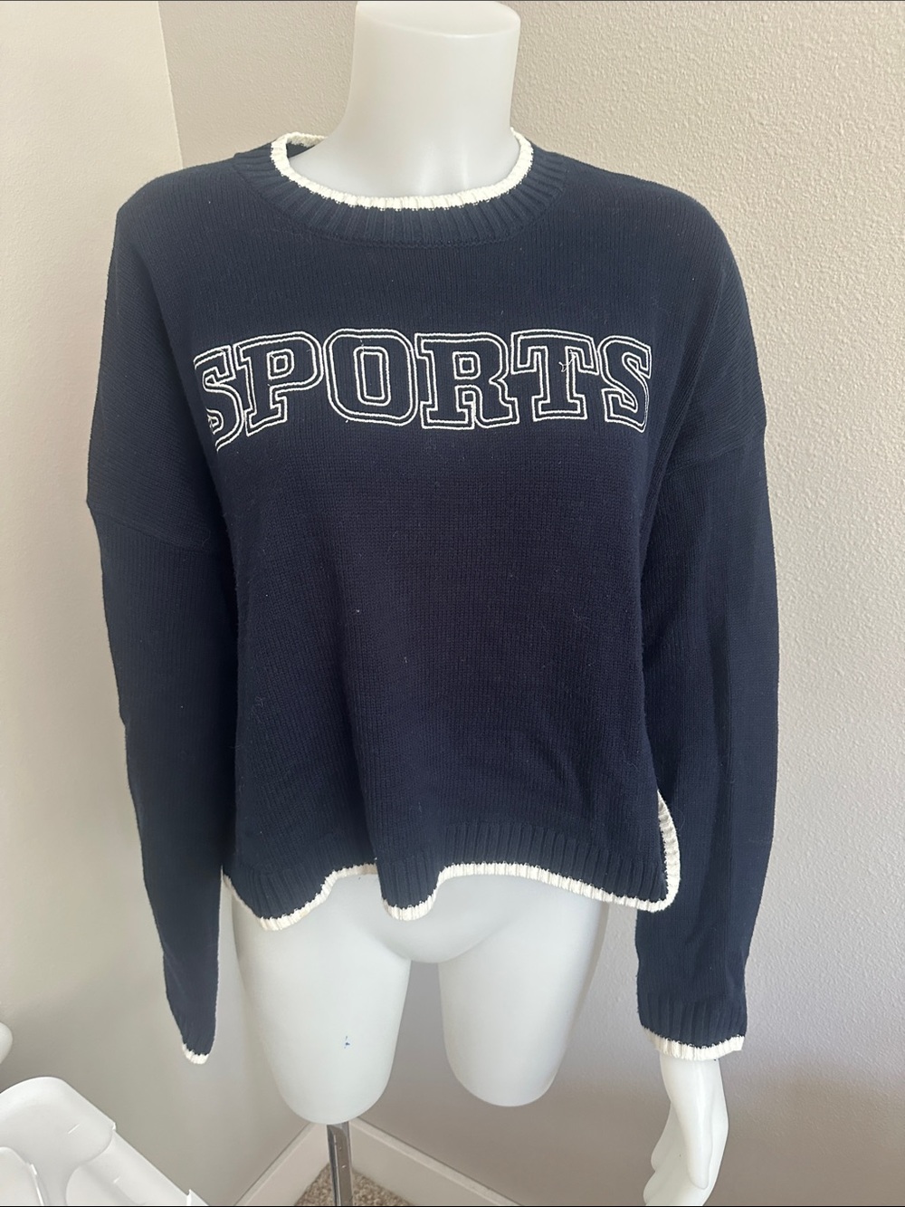 Sincerly Jules Navy Crewneck Sweater with White Trim and SPORTS Appliqué